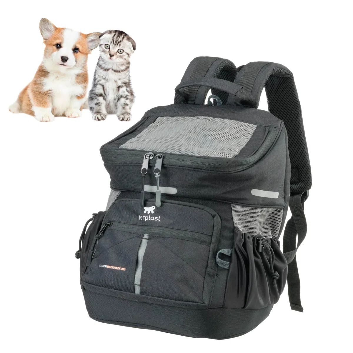 Ferplast Mochila Gato Voyager Backpack, Transportín Gato, Transportin Perro, Mochila, Gatos, Apertura Amplia, Correas Ajustables, Correa de Seguridad, con Cojín, Máx. 10 kg, 29x21x36H, Negro