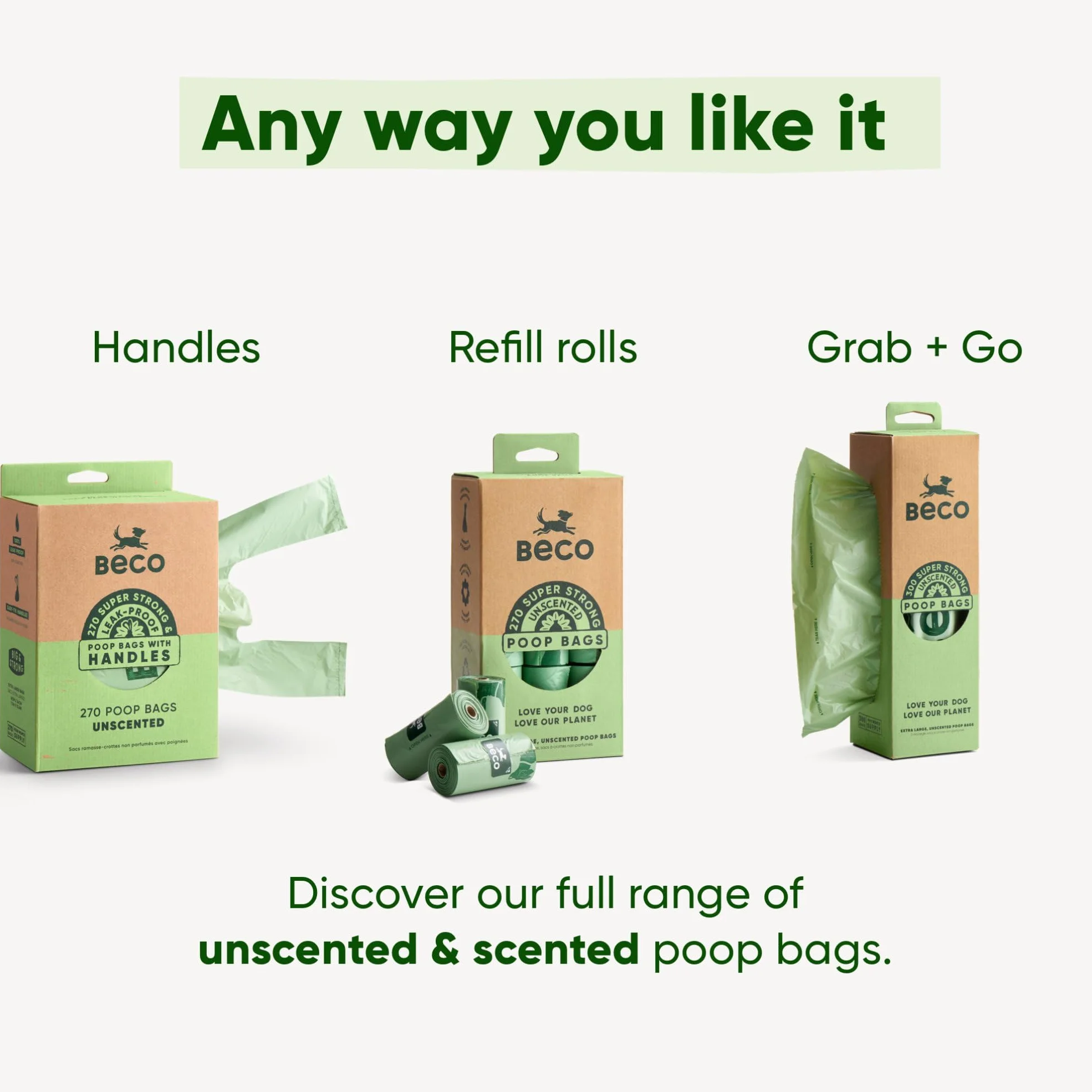 Beco Strong & Large - Bolsas para excrementos, 720 bolsas (48 rollos de 15), sin perfume, compatibles con dispensador, color verde