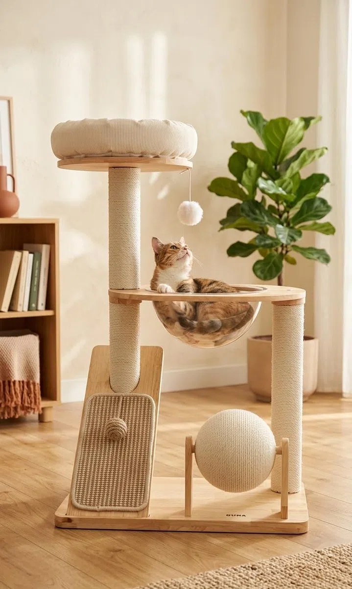Torre Rascador, Arbol para Gatos, de Madera y Sisal, con Hamaca Transparente, Cama Redonda, Rascador y Bola