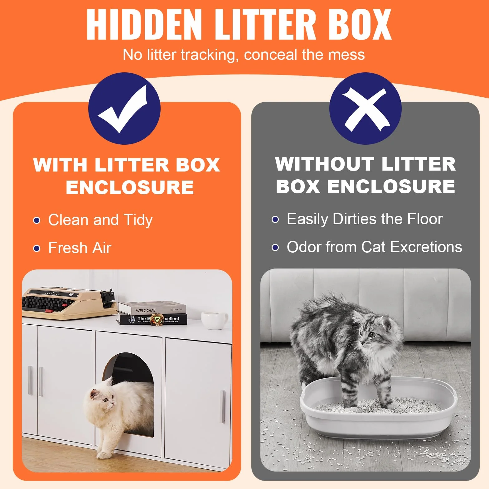 VEVOR Muebles de Baño Oculto para Gatos 1,47 x 0,46 x 0,45 m Casa de Inodoro Con Puertas Decoradas de Ratán Armario de Madera para Ocultar Las Cajas de Arena, Blanco