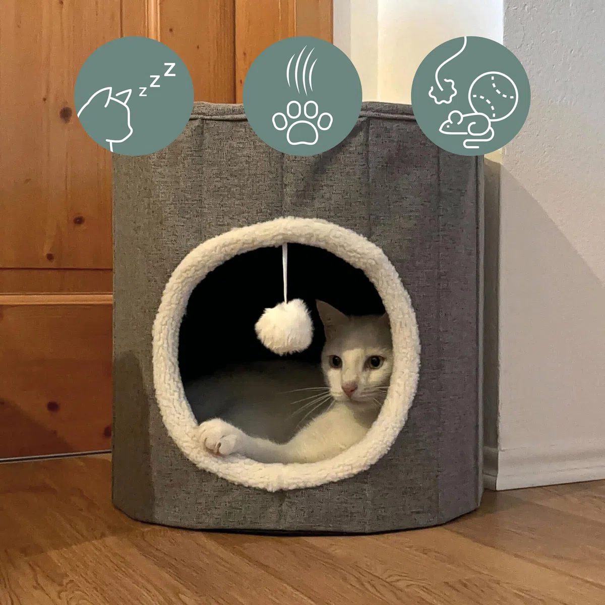 Casa para gatos con pelota de juego, 38 x 38 cm, plegable, con tabla para rascar y cojín de peluche, color gris