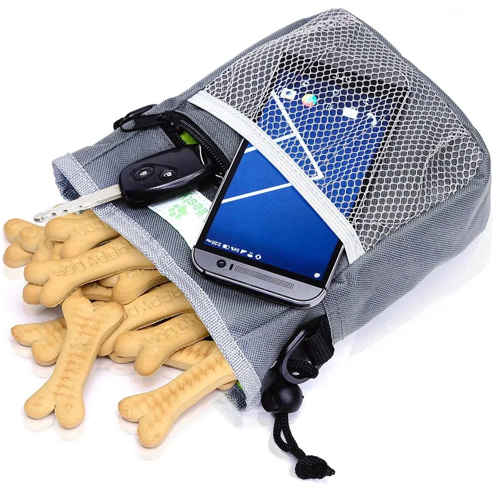 Bolsa De Entrenamiento De Golosinas para Perros - Lleva Fácilmente Juguetes para Mascotas, Croquetas, Golosinas - Dispensador De Bolsas De Caca Incorporado - 3 Formas De Usar - Gris
