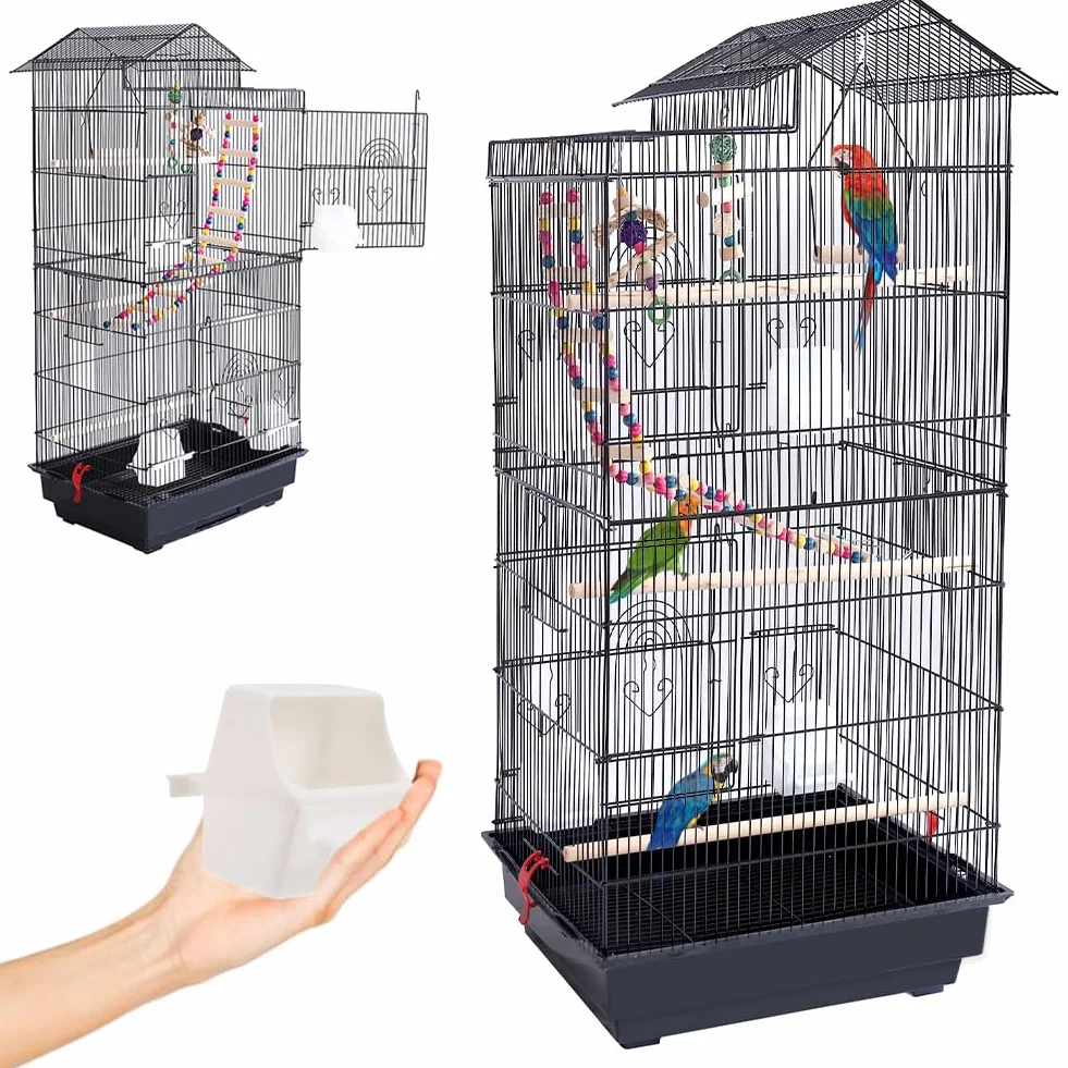 BAKAJI Jaula de Aviones para pájaros, Loros inseparables, calopsite, periquitos, volátiles, de Metal y Madera Negra con Juguetes, Accesorios, Jaula con Escalera y Bandeja extraíble
