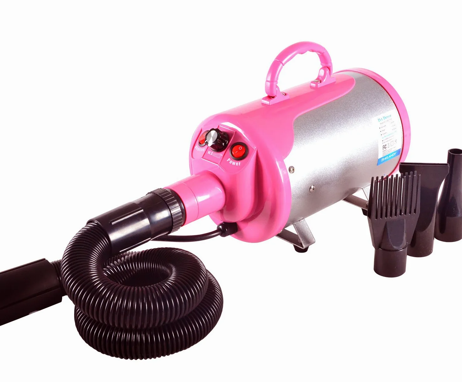 Pet Supplies - Secador de pelo profesional para mascotas de 2800 W con manguera, un potente pero silencioso secador para perros con velocidad variable (rosa)