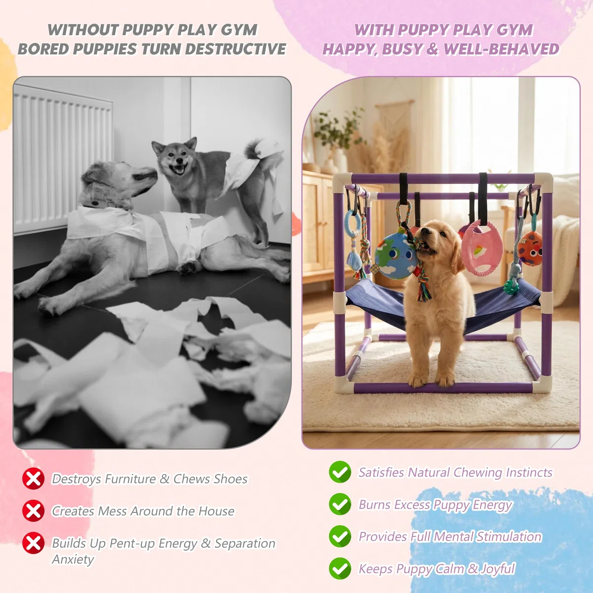 Cachorros de juguete, sala de juegos para cachorros con 8 juguetes, zona de juegos para perros pequeños, centro de actividad para perros, marco de PVC, hamaca, juguete enriquecedor para entrenamiento
