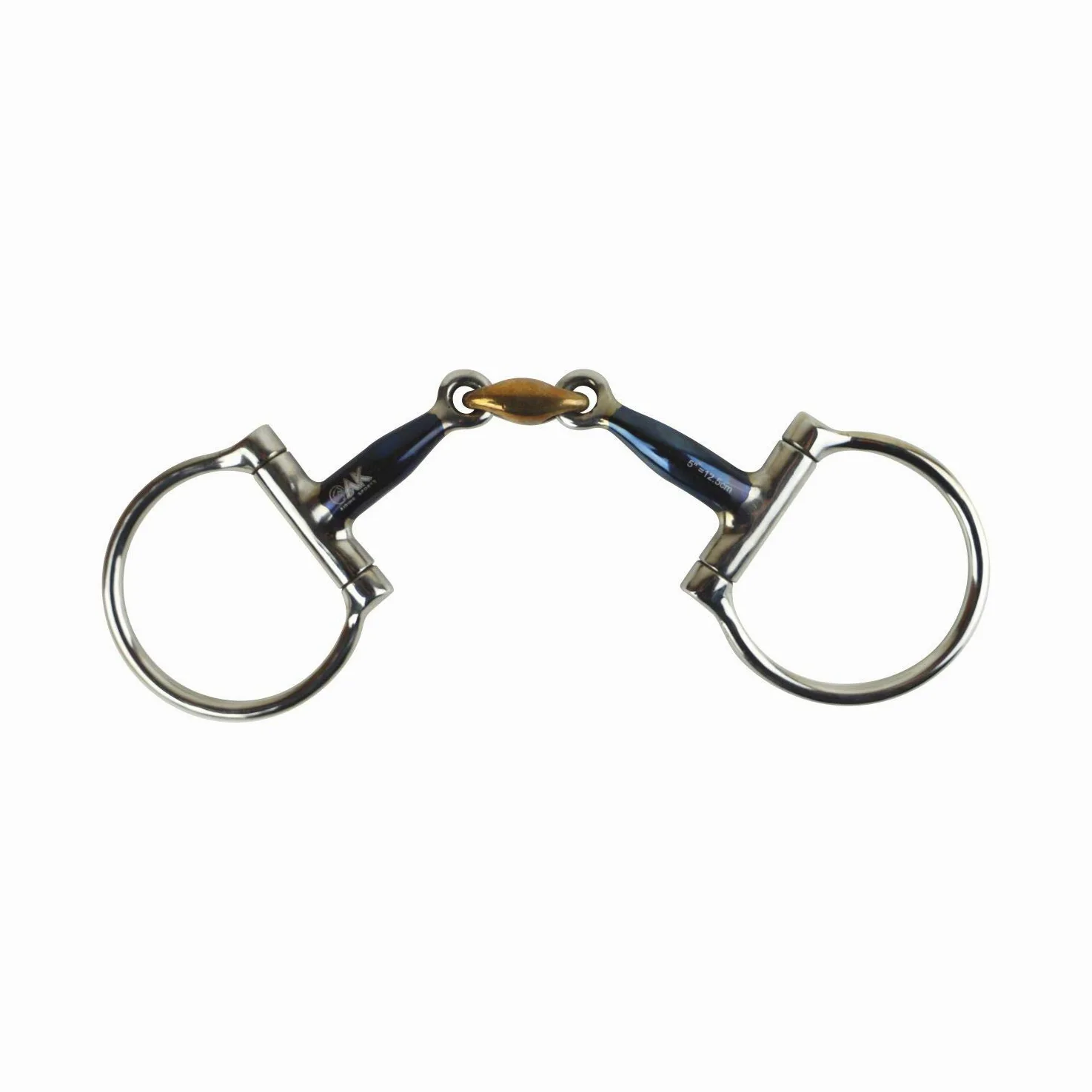 AK - Pastilla de hierro con anillo en D, doble articulación, con puntas de caballo Cooper (5.75 pulgadas, azul y plateado)
