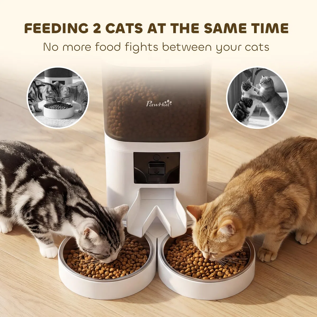 Comedero automático para Gatos PawHut con cámara HD para 2 Gatos, dispensador Inteligente de Comida para Mascotas de 6 litros con WiFi 2.4G/5G y Control Mediante aplicación, comedero programable con