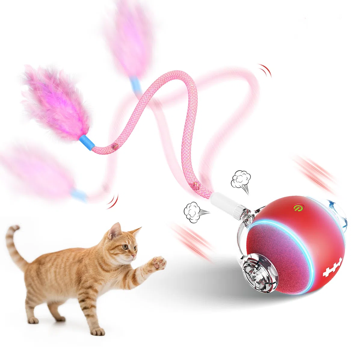 Juguete interactivo para gatos en movimiento con plumas, bola roja con varita de malla, juguetes para gatos de interior