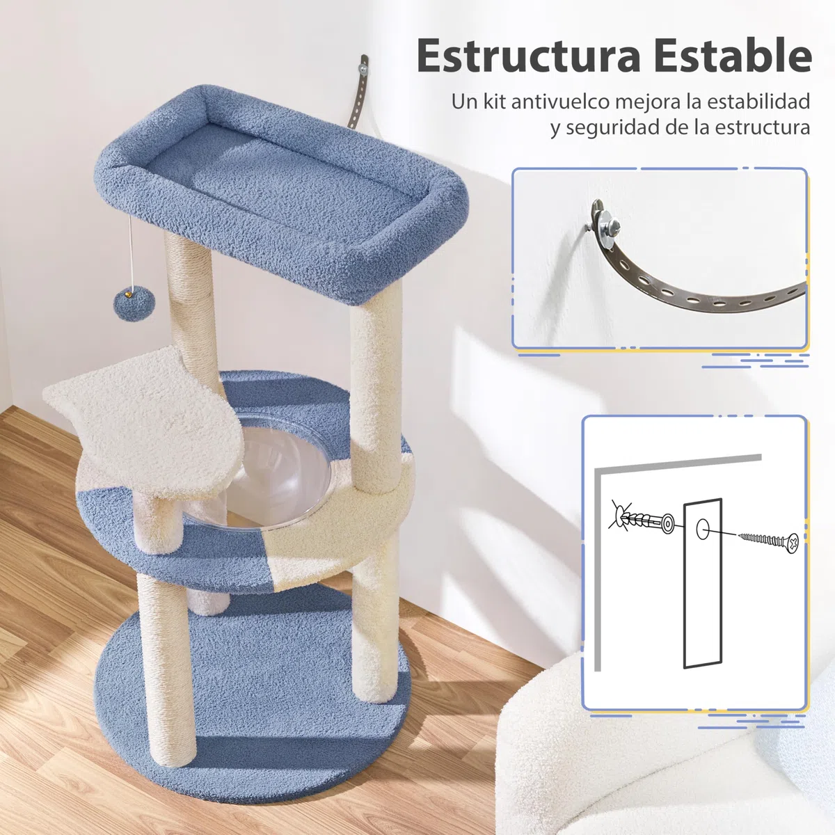 Yaheetech Árbol Rascador para Gatos 90 cm con Soporte Centro Azul y Beige | Cesta Redonda Transparente, Perca superior, Plataforma en forma de paz, Poste sisal resistente,Fácil montaje, Ahorra espacio