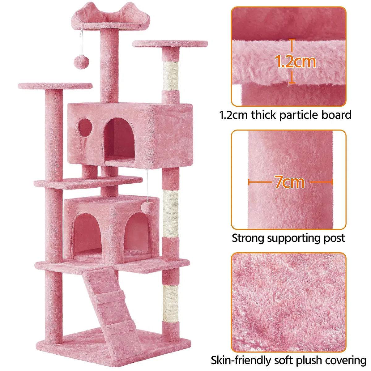 Yaheetech Árbol rascador Grande, 178 cm de Alto, árbol rascador para Gatos, Estable con 3 Plataformas, 3 columnas para rascar, 2 Cuevas, Bolas de Peluche, Muebles para Gatos, Color Rosa