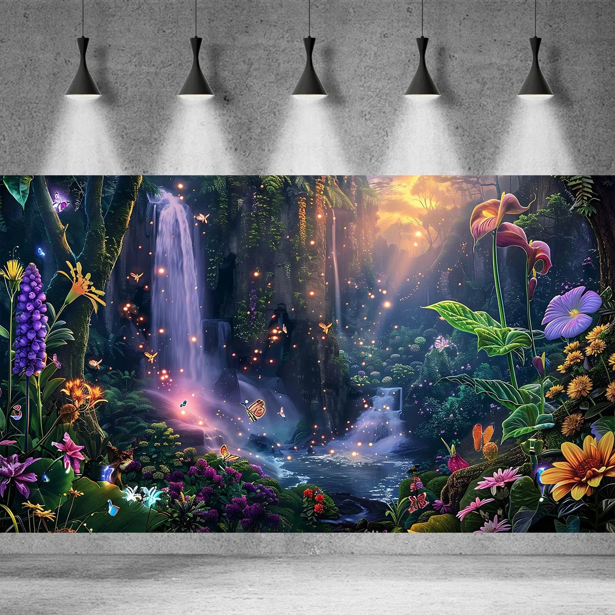Fondo de jardín de fantasía para acuario, puesta de sol, cascada y flores, terrario, telón de fondo de bosque tropical, plantas exuberantes, mariposas, flores, pecera, telón de fondo, decoración de