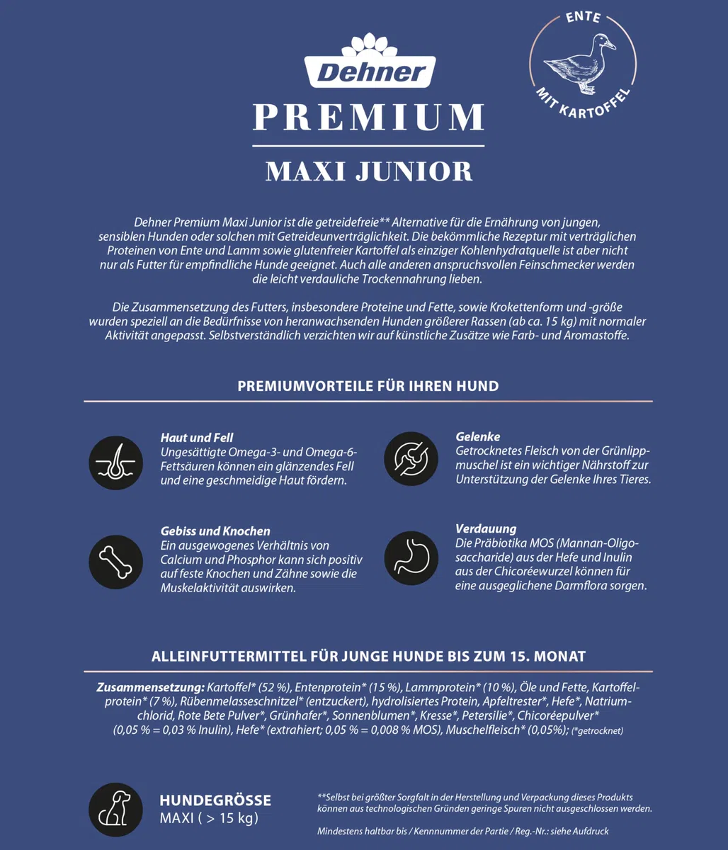 Dehner Premium Perros trockenfutter máxima de Junior | Sin cereales, con patatas, para cachorros y perros jóvenes de razas grandes