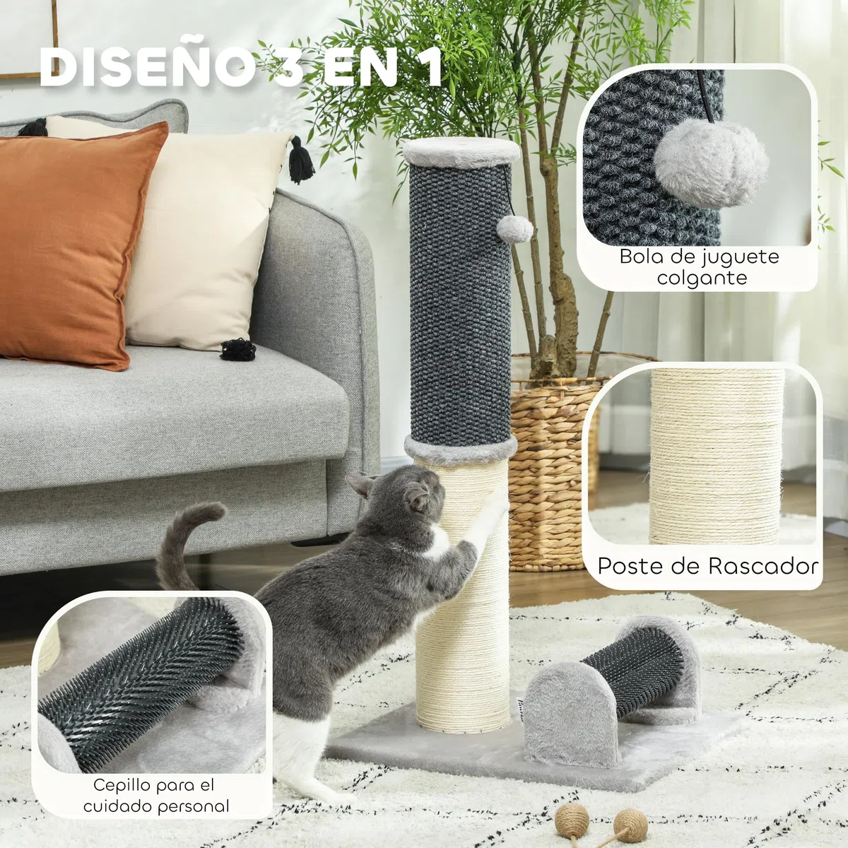 PawHut Poste Rascador para Gatos 85 cm con Poste de Sisal Gris y Crema