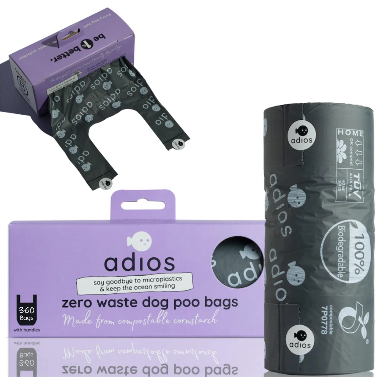 Adios Plastic Home - Rollos de bolsas compostables para excrementos de perro, extra gruesas a prueba de fugas, hechas de almidón de maíz con asas, sin perfume y fáciles de abrir, 360 unidades (3
