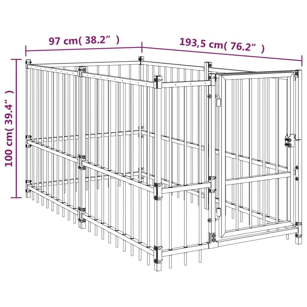 Perrera negra de acero con recubrimiento en polvo, 193,5 x 97 x 100 cm, con puerta y cerradura, cercado para cachorros y perros, protección y seguridad en el jardín