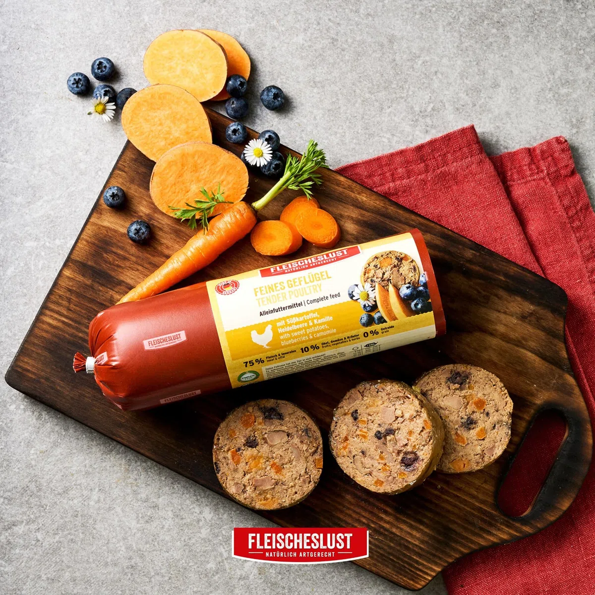 Fleischeslust Salchichas para perros, aves de corral finas con batata, arándanos y manzanilla como caja de alimentación (6 x 800 g), comida para perros, salchichas húmedas, resistente a cortes y sin