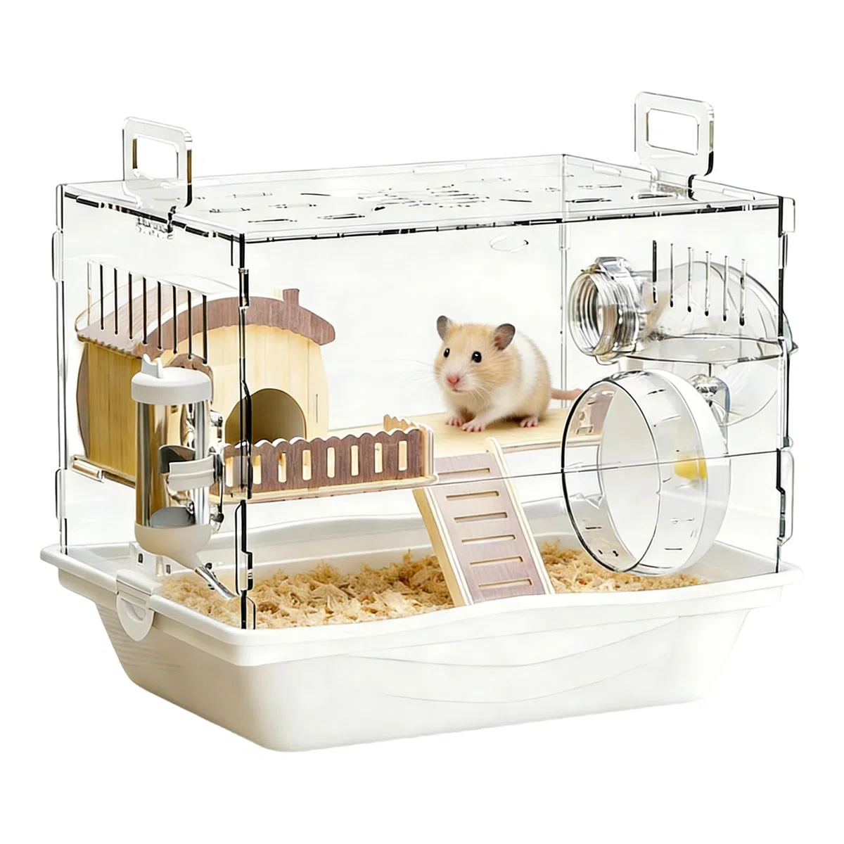 Jaulas De Hámster Casa Transparente de 2 Pisos | Incluye Rueda de Ejercicio, Bebedero y Para Jerbos, Ratones, Chinchillas, Animales Pequeños