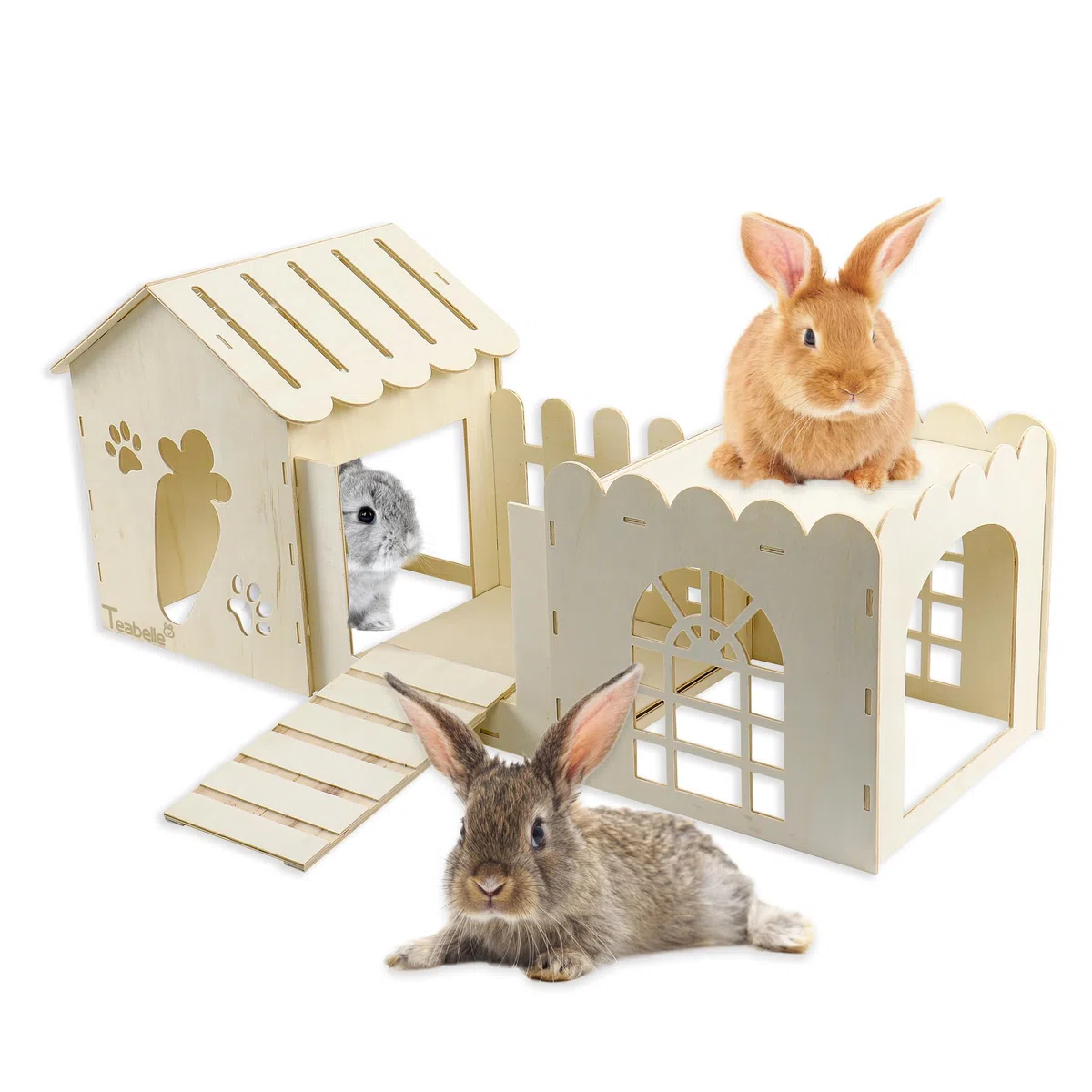 Teabelle Casa Escondite De Madera para Conejos, Jaula De Castillo De Madera para Animales Pequeños, Decoración De Hábitat, Túnel para Conejo, Cobaya, Chinchilla, Erizo, Ardilla