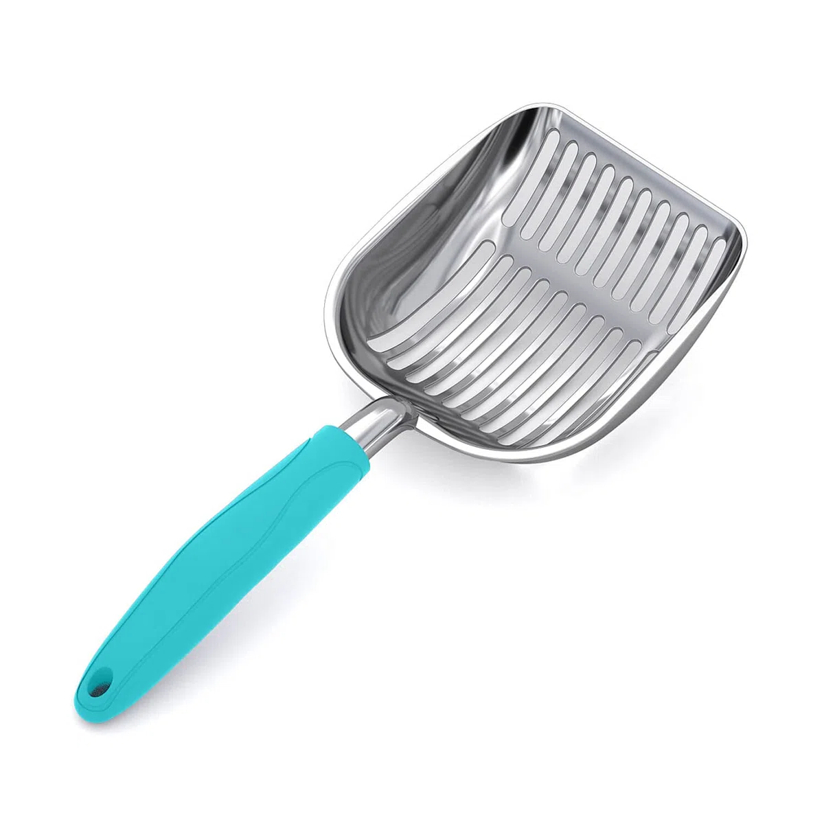 WePet Pala de arena para gatos, tamiz de aleación de aluminio, pala profunda, mango largo, caca de popa, elevador de caca, resistente, para caja de arena, aluminio pulido con mango azul turco