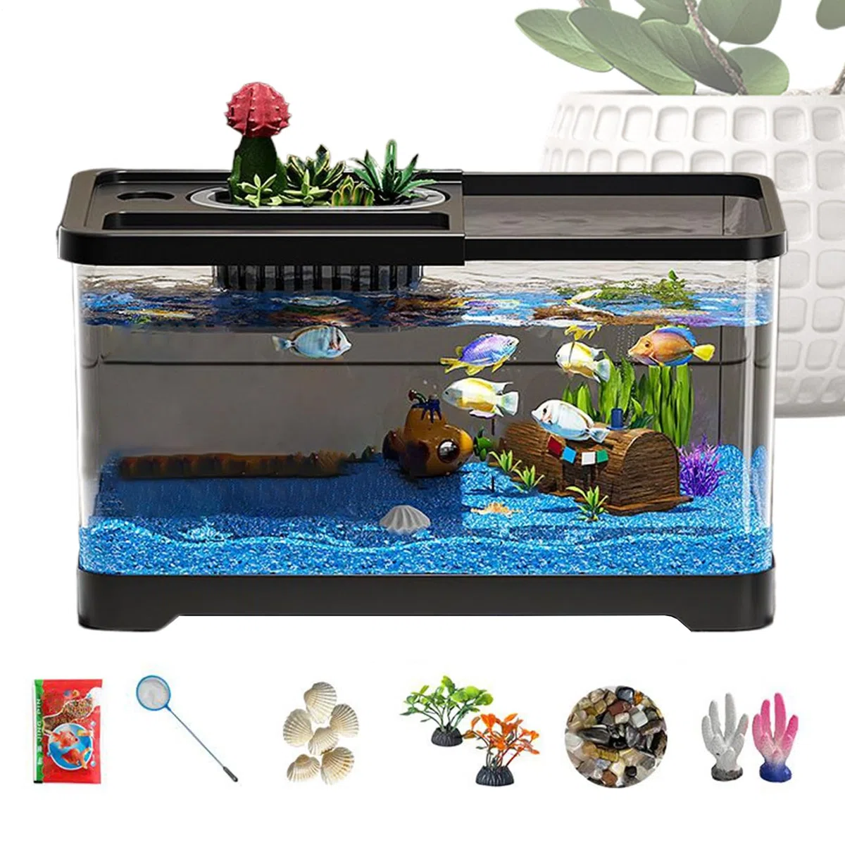 Kit de iniciación de pecera, Acuario de Vidrio con de Filtro, Tanque de con Accesorios de decoración de luz LED, Kit de Paisaje subacuático, Juego de Acuario de Vidrio Compacto para Sala