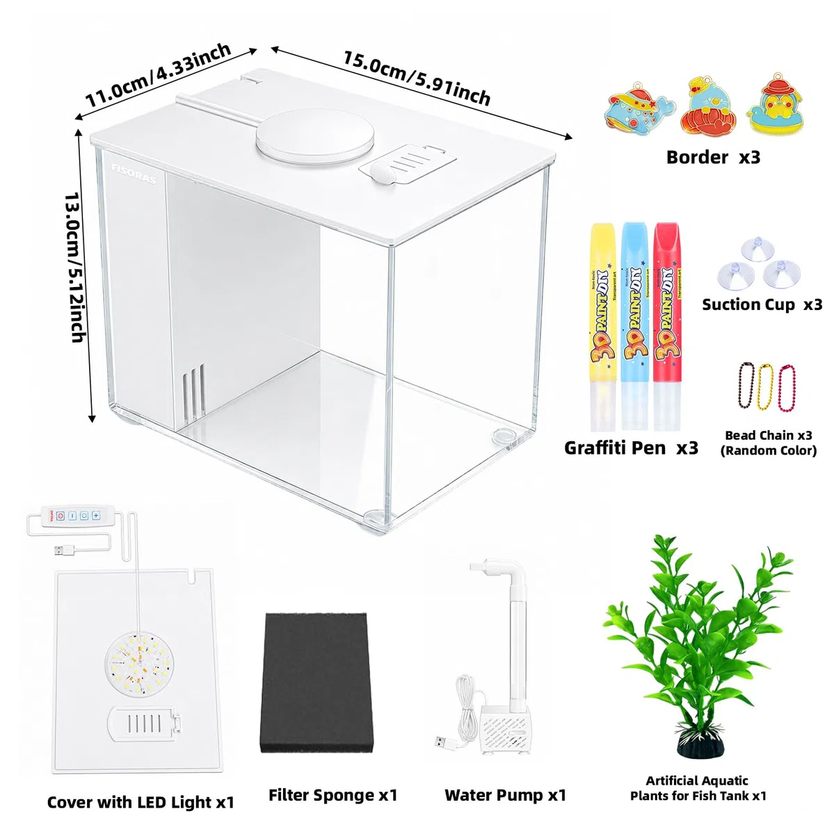 Acuario pequeño de 0.5 galones con bomba de filtro de agua y luz LED, color blanco