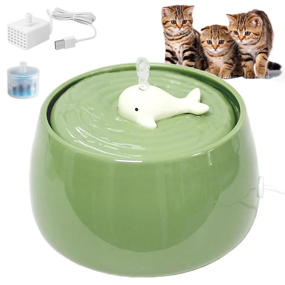 Fuente de agua de cerámica para gatos, 45 onzas/1.3 litros, dispensador automático de agua potable para gatos de interior con bonito diseño, filtro de carbón activado, perfecto para gatos y perros