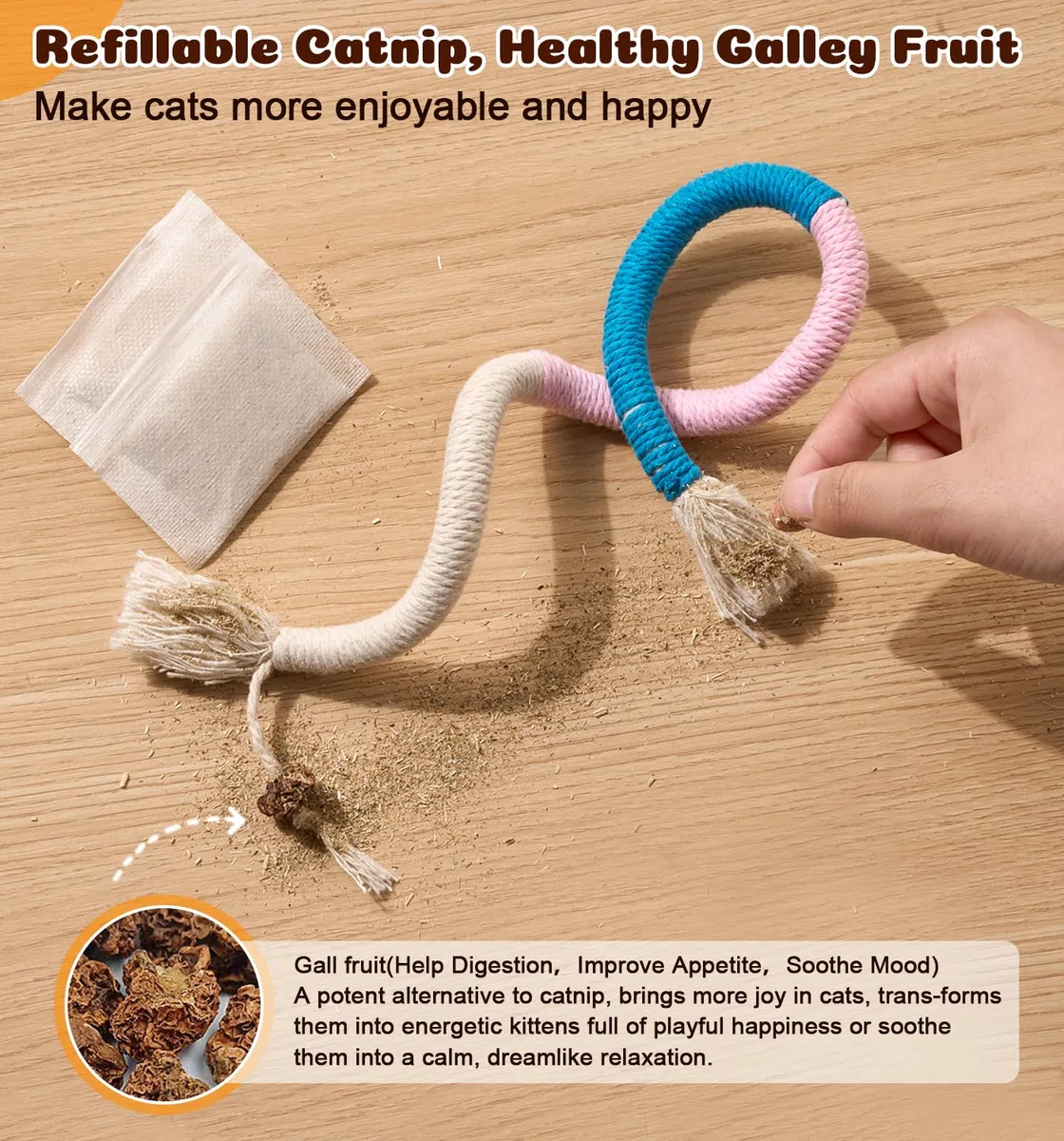 Cuerdas masticables para gatos, 4 piezas, juguetes para gatos de interior con hierba gatera natural recargable, juguetes masticables de limpieza segura de dientes, juguetes interactivos para