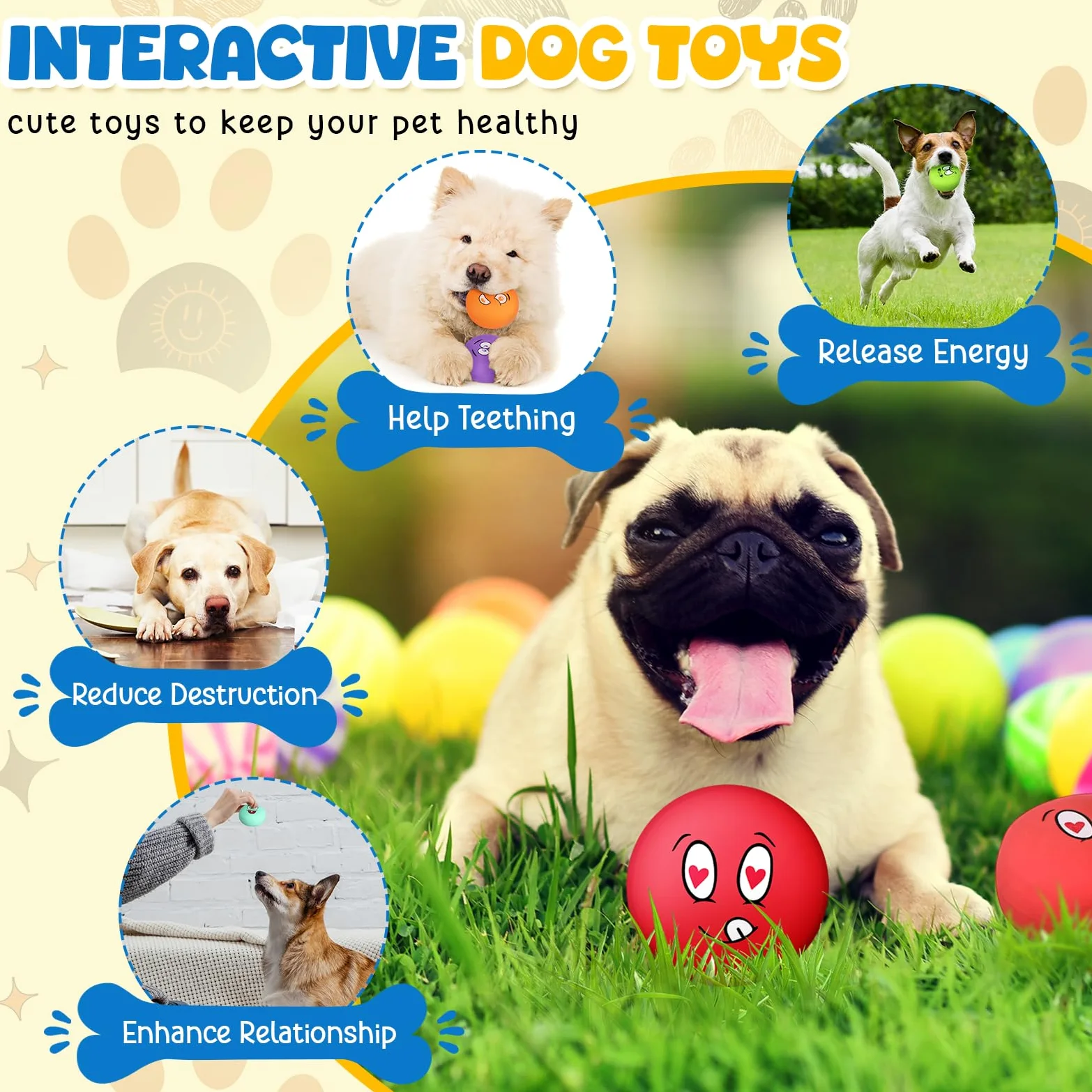 Hungdao 40 piezas de juguetes chirriantes para perros pequeños de goma de látex suaves bolas chirriantes a granel divertido cara chirriante juguetes interactivos para la dentición de cachorros perros