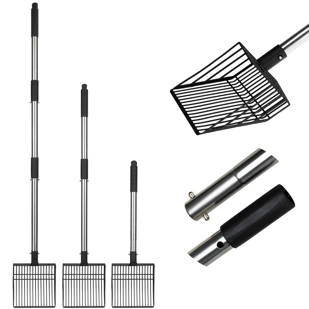 PUPTECK Cuchara de arena para gatos de tamizado rápido, pala de metal de mango largo con pala profunda, tamiz de arena para gatos resistente y antiadherente, accesorios para gallineros