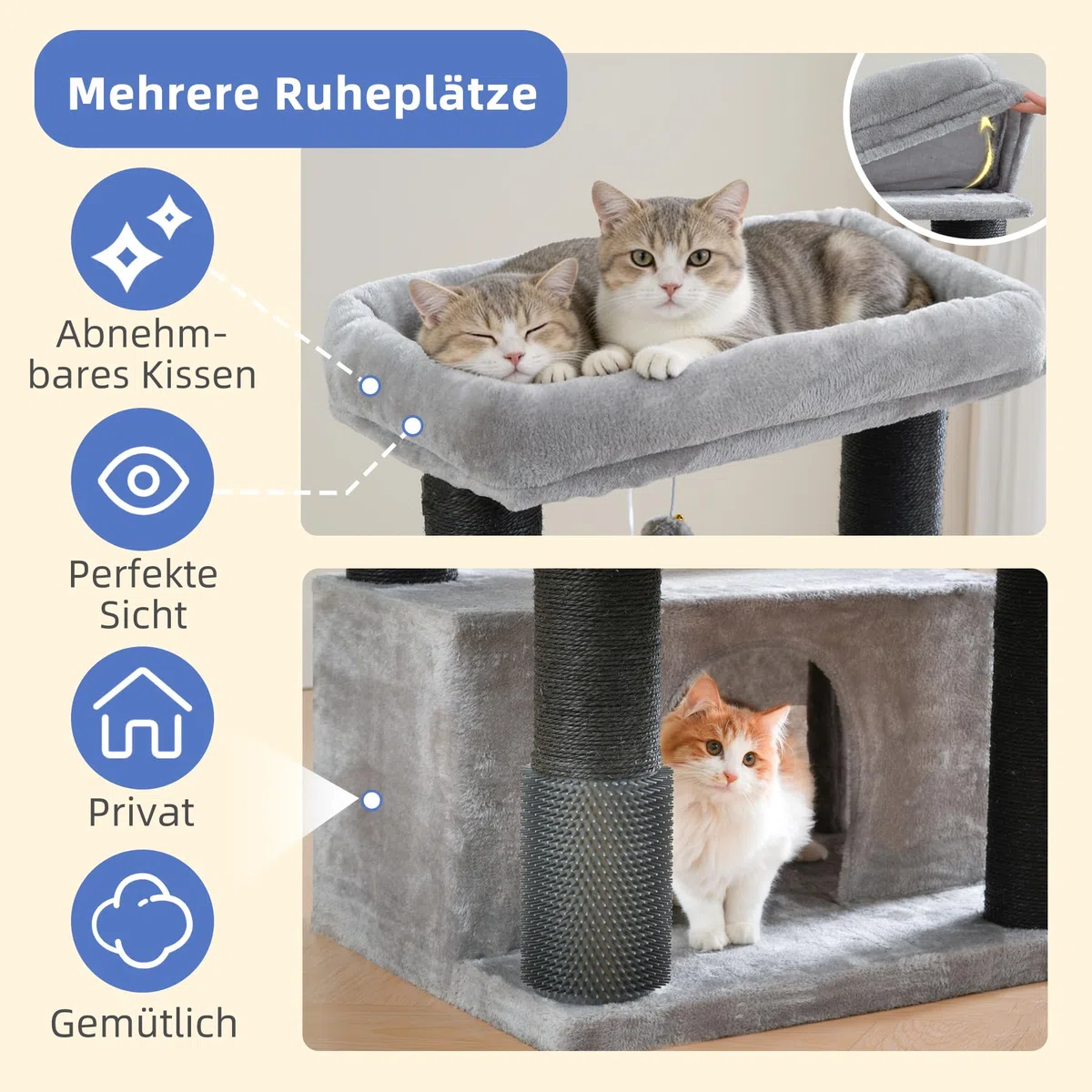 Hey-brother Rascador para Gatos, Poste de Sisal 8 cm Grosor, Cueva, MPJ02G | 130cm Árbol Rascador Para Gatos, con 2 Plataforma, 2 Cesta, Cepillo para Mascotas, para Gato de Interior, Gris Claro