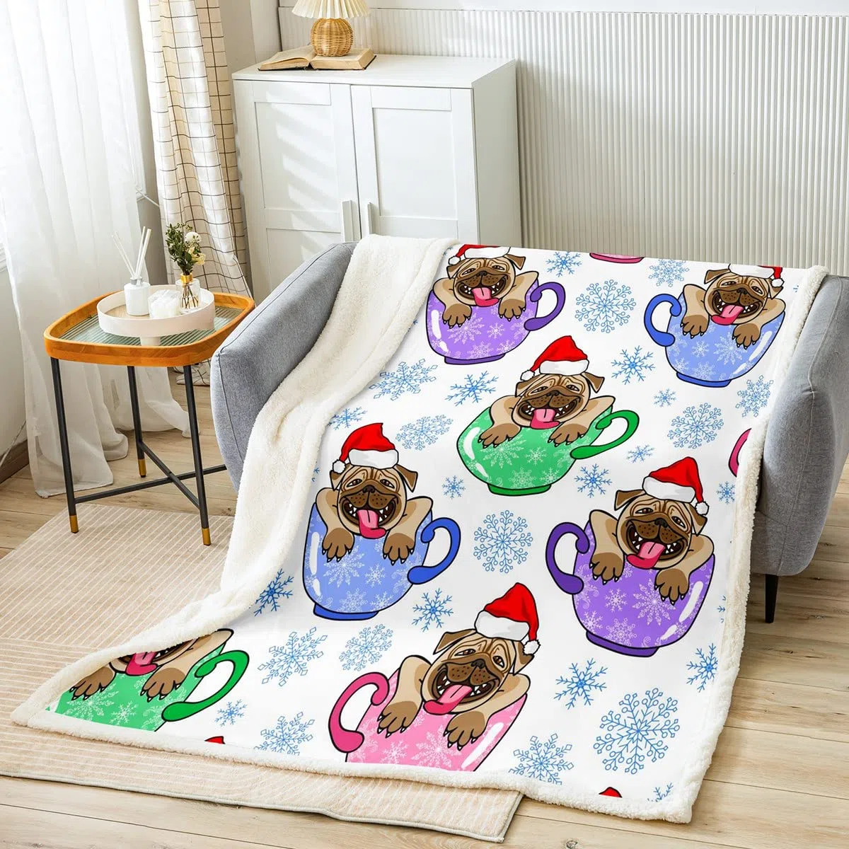 Manta de felpa para niños y mascotas, con diseño de copos de nieve, diseño de copos de nieve, diseño de pug, cachorro, sherpa, manta de animales kawaii, manta mullida para sofá cama, colorido tamaño