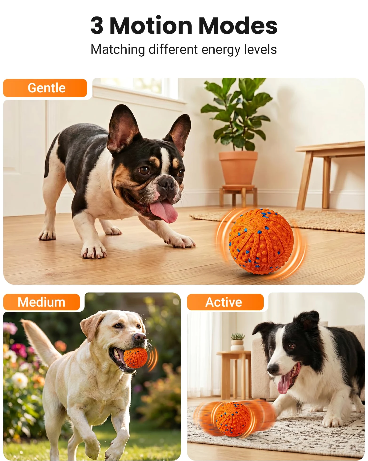Juguetes interactivos para perros con protuberancias amigables con los dientes, 3 modos, material ETPU | Bolas interactivas automáticas recargables para perros medianos y grandes para mantenerlos ocupados