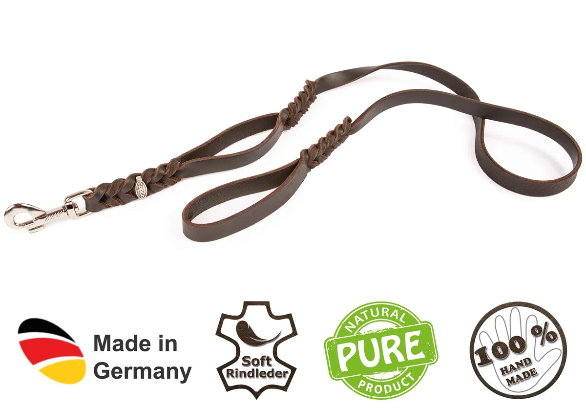 CopcoPet - Correa para perros negra 1,5 m x 20 mm de piel de vacuno de alta calidad - Correa de piel engrasada suave con mosquetón de acero - Correa trenzada con 2 correas de mano - Accesorios para