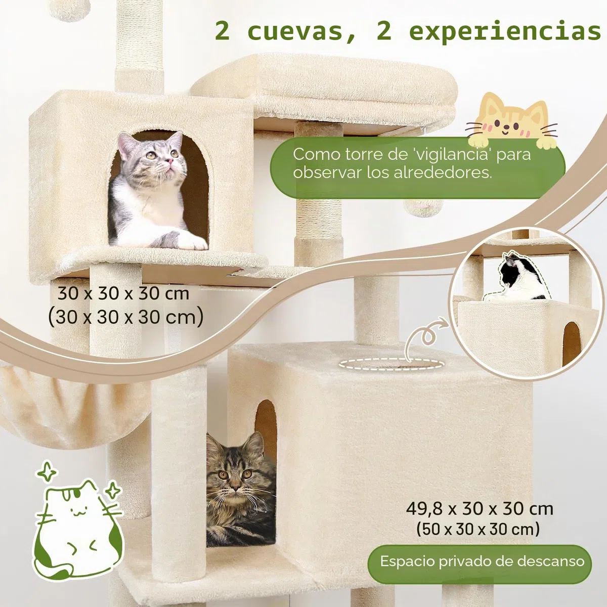 Globlazer Árbol Rascador Beige para Gatos XXL 195 cm Alto con 2 Nidos, 2 Acolchada Percha, Grande Hamaca 50 * 33CM, Cesta, Estable Rascador para Gatos Adultos Descansar Jugar Interior (F76, Beige)