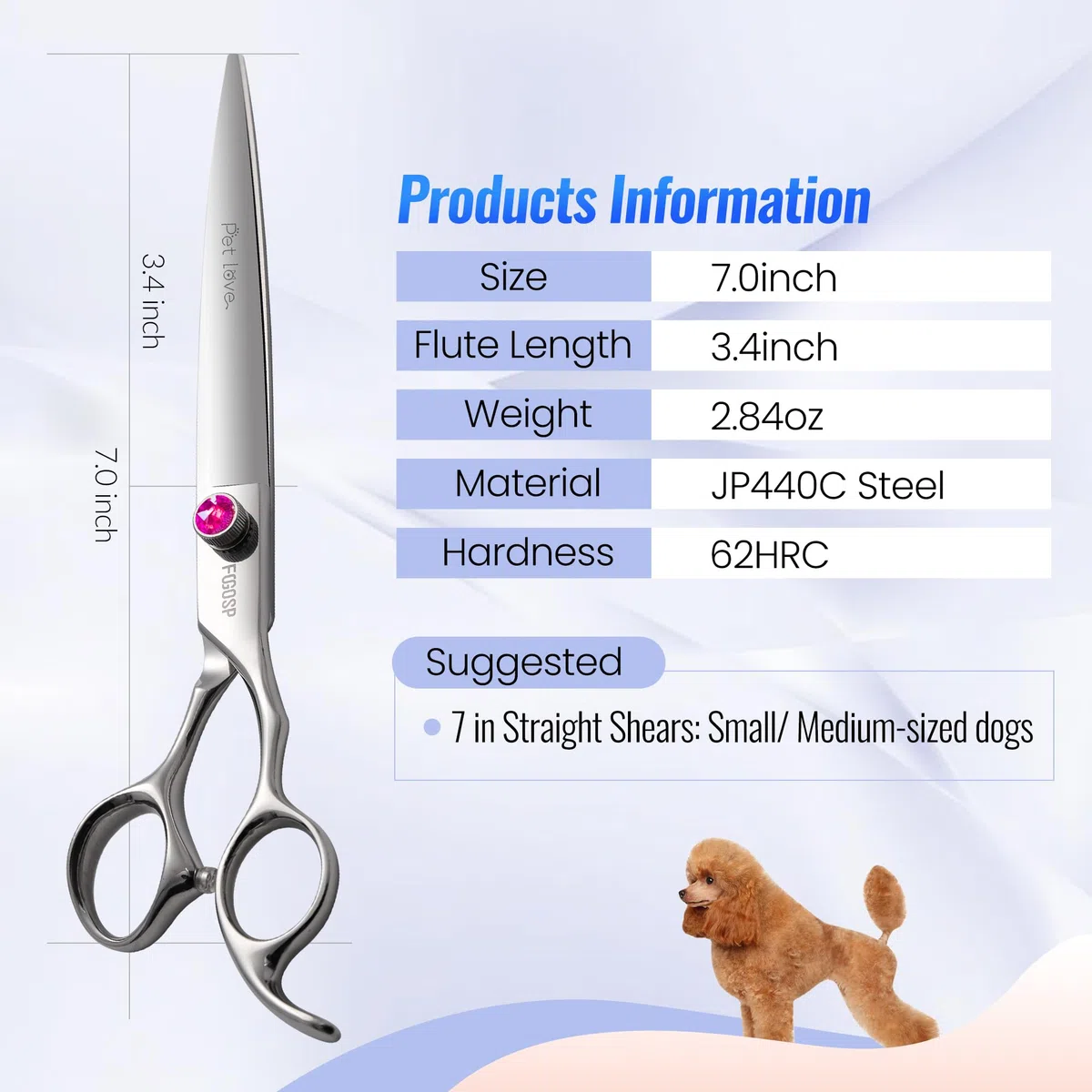 Tijeras rectas de aseo para perros de 7.0 pulgadas, tijeras profesionales para el aseo para mascotas, gatos, japonesas 440C, tijeras para perros pequeños, súper afiladas (7.0 pulgadas, recto)