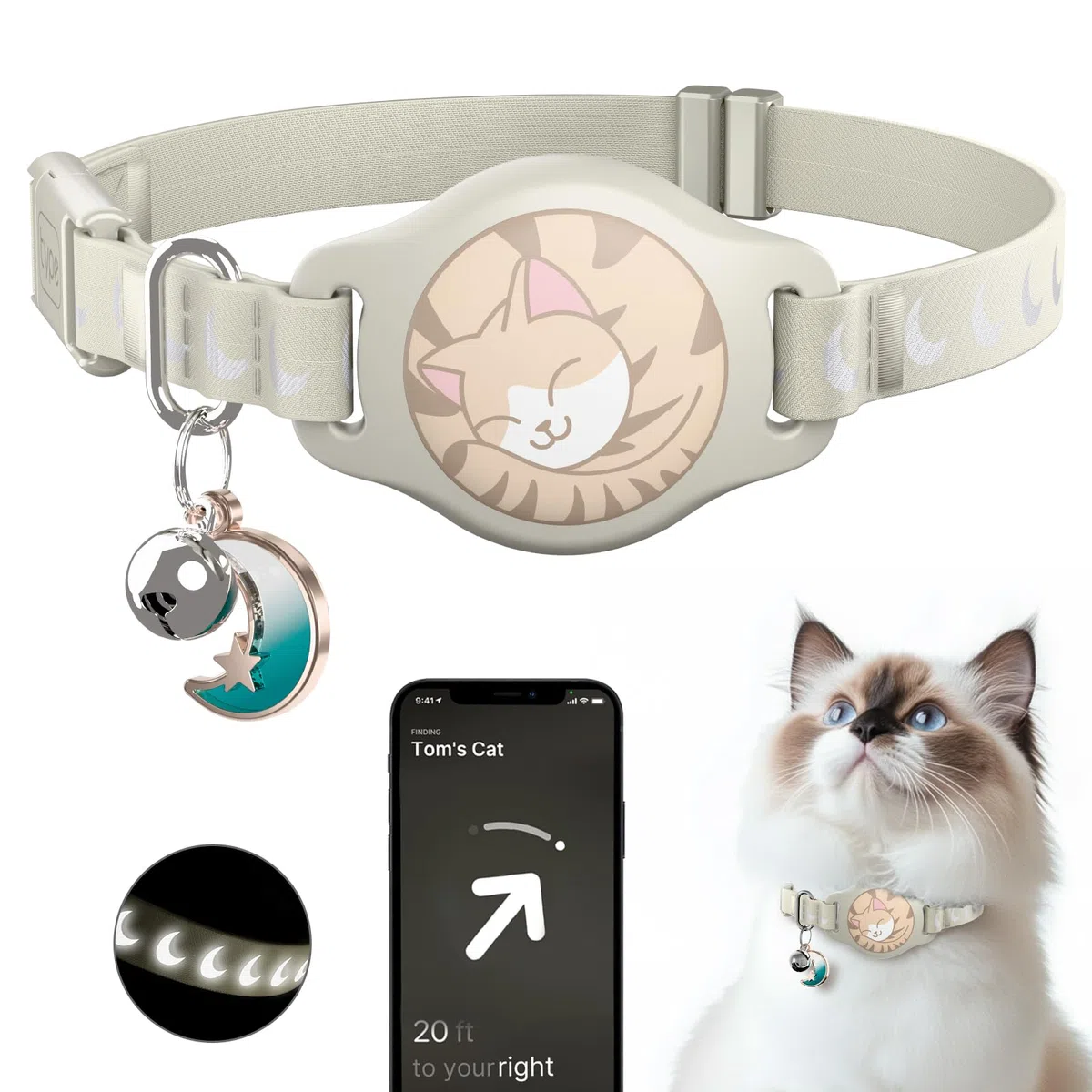 Collar de gato con soporte para Airtag, collar de gato Breakaway Airtag para Apple Air Tag con patrón luminoso y reflectante, collares GPS impermeables para niños y niñas, gatos con campana, caqui