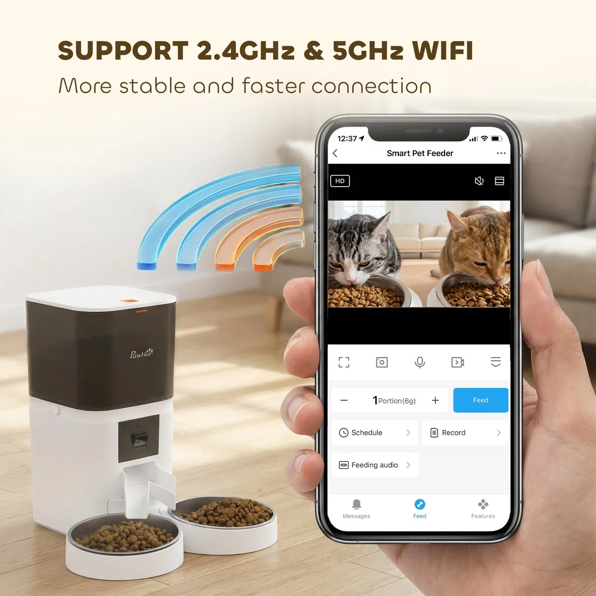 Comedero automático para Gatos PawHut con cámara HD para 2 Gatos, dispensador Inteligente de Comida para Mascotas de 6 litros con WiFi 2.4G/5G y Control Mediante aplicación, comedero programable con
