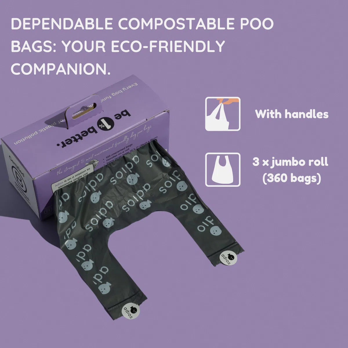 Adios Plastic Home - Rollos de bolsas compostables para excrementos de perro, extra gruesas a prueba de fugas, hechas de almidón de maíz con asas, sin perfume y fáciles de abrir, 360 unidades (3