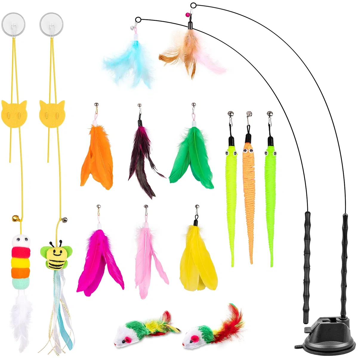 Depets Juguete de varita para gatos, 15 piezas de juguetes interactivos de plumas para gatos, juguete para gatos de interior, 2 modos de juego, varita de juguete para gatos, juguetes reutilizables con