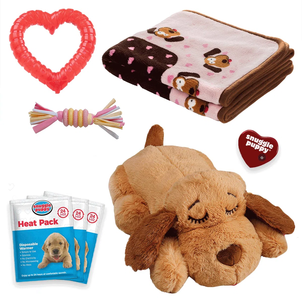 Snuggle Puppy Original Essentials - Kit de iniciación. Juguete para perro con latido del corazón y ayuda calmante con 3 paquetes de calor, juguete de dentición para cachorros, juguete masticable para