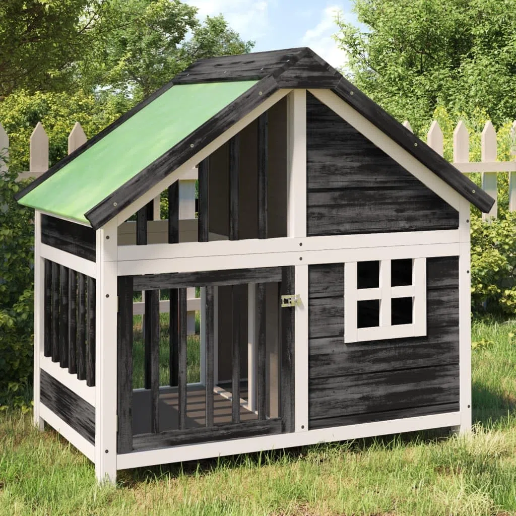 Caseta para perros gris de madera maciza de pino 96 x 60,5 x 87 cm con techo impermeable, gran entrada para jardín, protección y seguridad para cachorros, perros, animales pequeños