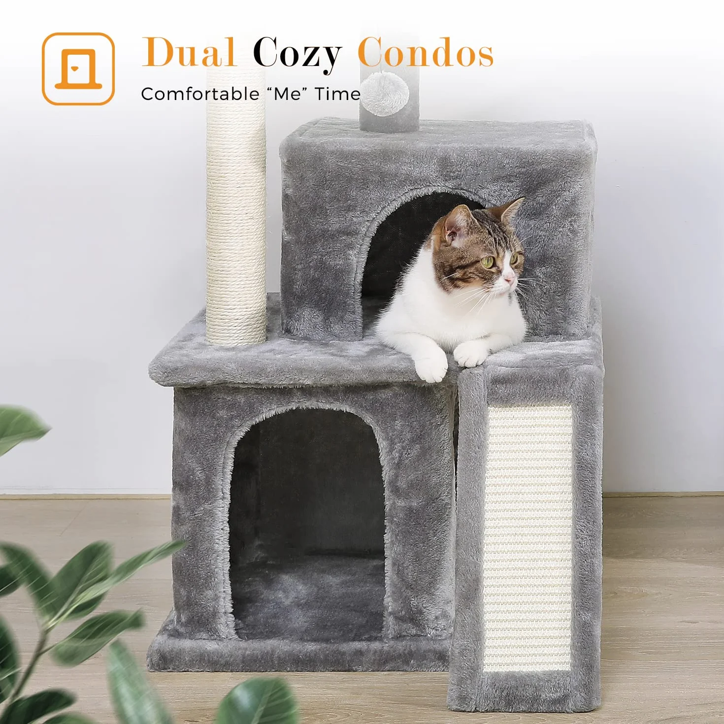 PETEPELA Rascador para gatos, 86 cm | Con cuerda de sisal, tumbona de peluche, 2 cuevas, juguete para gatos, gris
