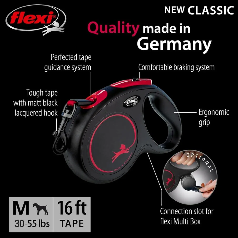 FLEXI Special Edition - Correa retráctil clásica para Perro (Cinta), ergonómica, Duradera y sin enredos, para Perros de hasta 55 Libras, 16 pies, Mediano, Negro y Rojo