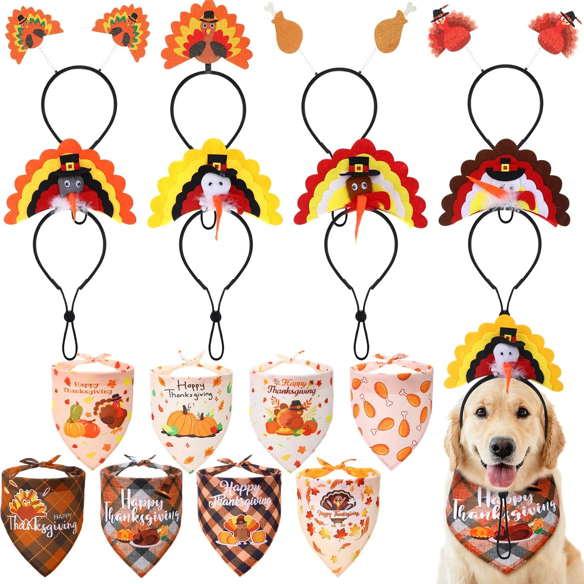 Sanwuta 16 piezas de accesorios de Acción de Gracias para mascotas, incluye bandanas de otoño para perros, diademas de pavo para Acción de Gracias, bandana para mascotas, bufanda triangular para la