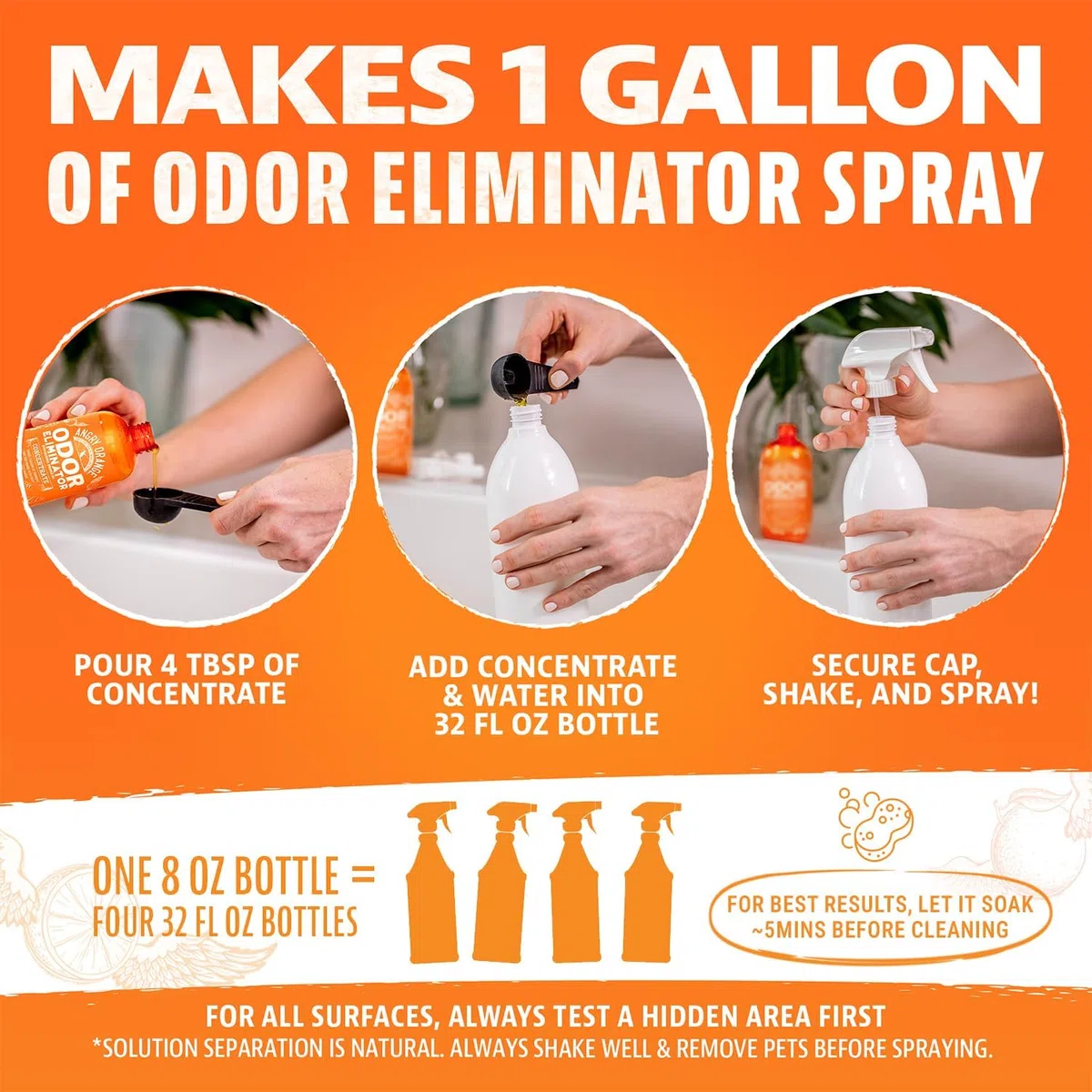 Angry naranja mascota olor eliminador 8 oz. Botella - Eliminador de olores de fuerza industrial para mascotas – hace (4) 32 oz. Botellas – 1 galón – Neutraliza y Sanitiza los malos olores de mascotas rápidamente