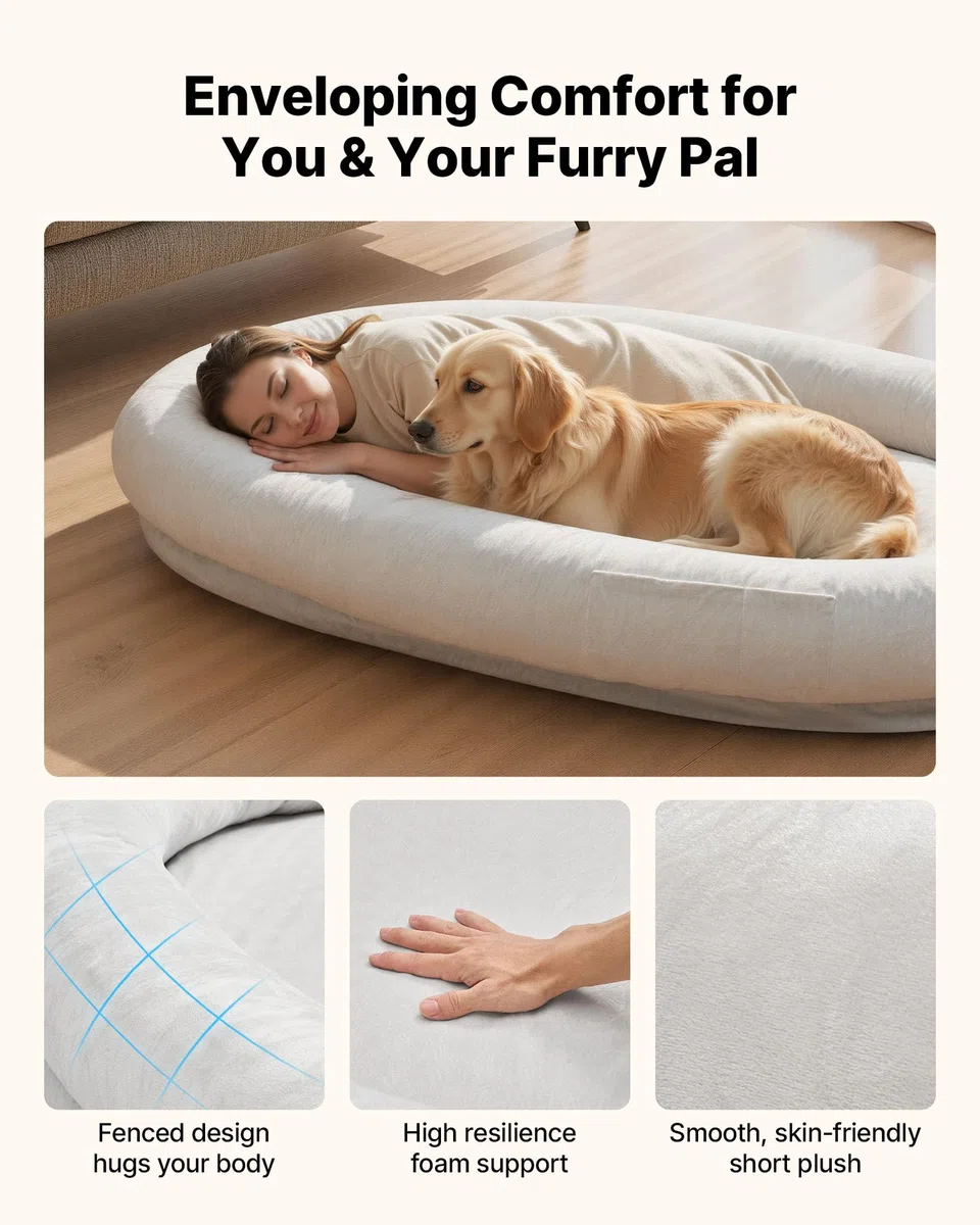 VEVOR Cama para Perros, 178 x 120 x 24 cm, Peluche Corto, de Espuma Viscoelástica, Tamaño Humano, con Bolsillo Lateral, Asa y Cremallera, Funda Extraíble y Lavable a Máquina, Gris, Diseño Ovalado