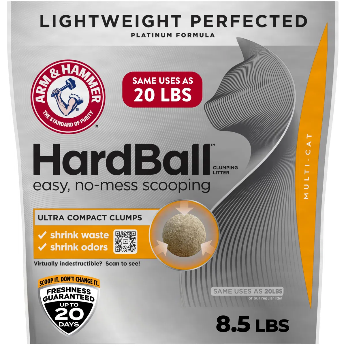 Arm & Hammer Hardball - Arena Ligera de Platino para Gatos múltiples, fácil de Recoger, sin ensuciar, Bolsa de 8.5 Libras, Aroma de Flores de jardín