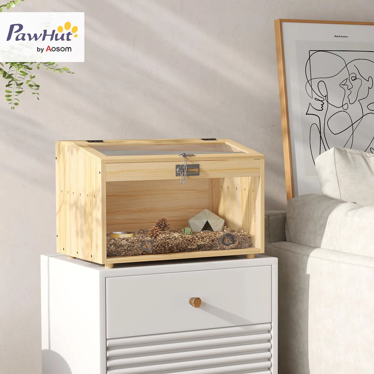 PawHut - Jaula para hámster de Madera, Jaula para ratón con Tapa Abierta, Ventana de acrílico y Agujeros de ventilación para hámsters Enanos y jerbos, 55 x 35 x 35 cm, Efecto Madera Natural
