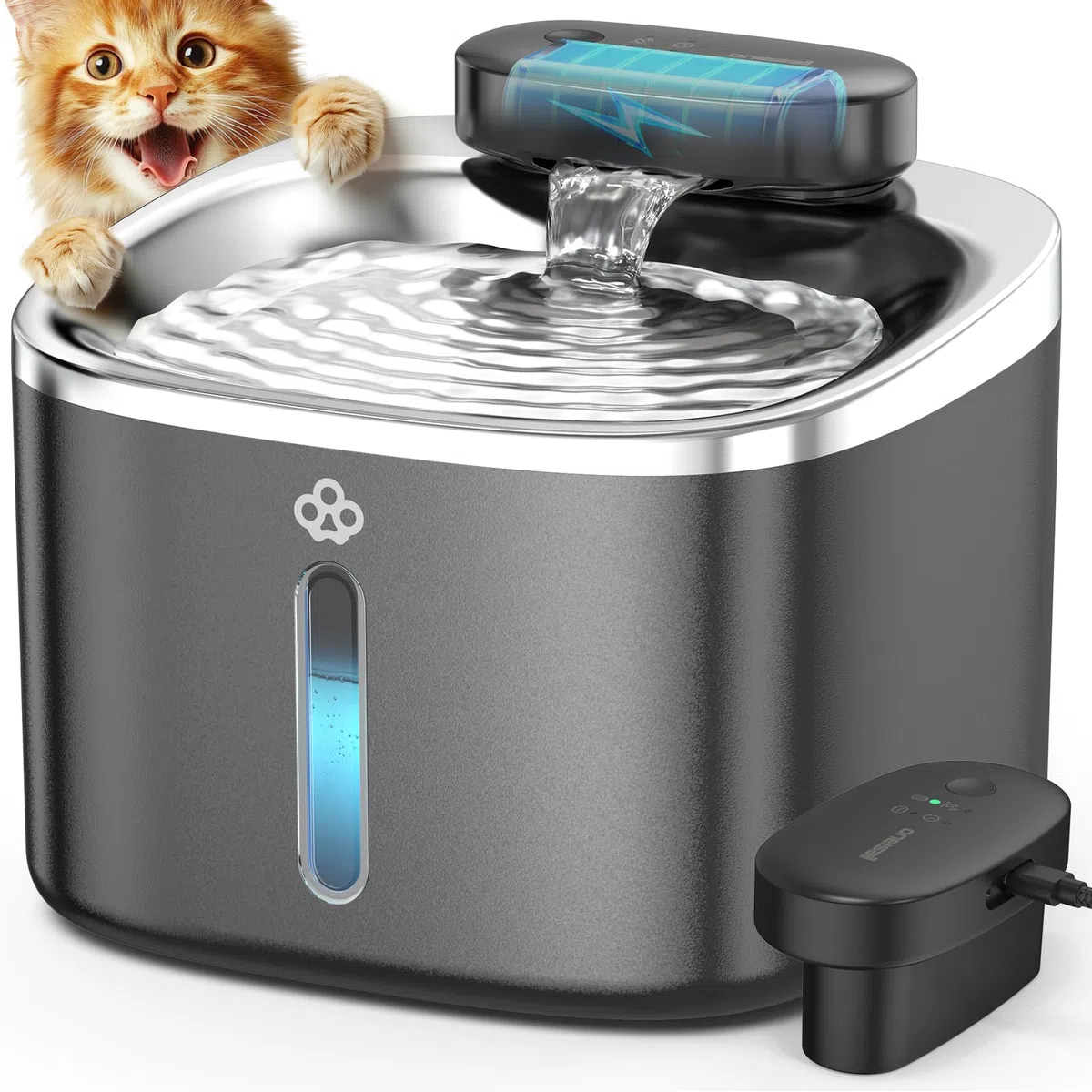 oneisall Fuente de Agua inalámbrica para Gatos para Beber, Fuente de Acero Inoxidable de 3.5 L con Sensor de Movimiento, Fuente de Agua inalámbrica silenciosa Que Funciona con Pilas, Cuenco para