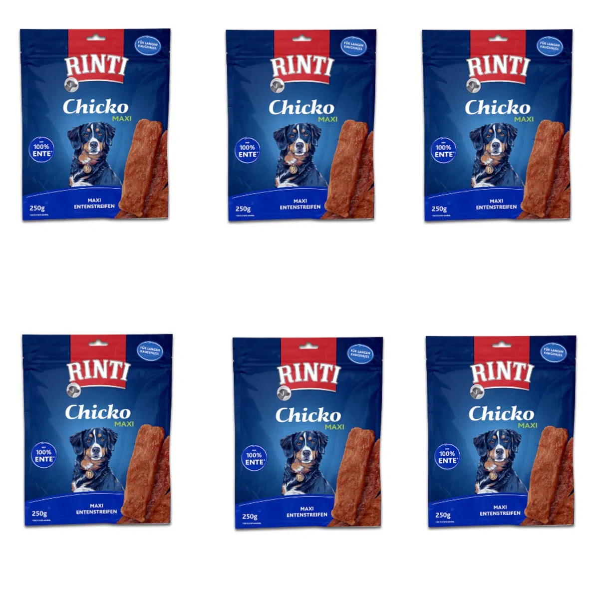 Rinti Chicko Maxi Tiras de Pato | Paquete de 6 | 6 x 250 g | Premio para Perros Grandes | Preparado con Filete de pechuga de Pato Fresco | Secado Suavemente al Aire sin aditivos